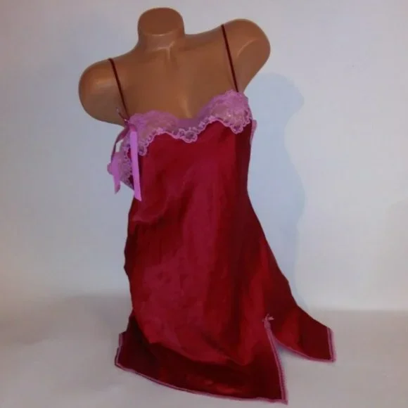 Victoria Secret Lingerie Chemise Slip Large Red Pink Satin Lace Trim Side Slit R
